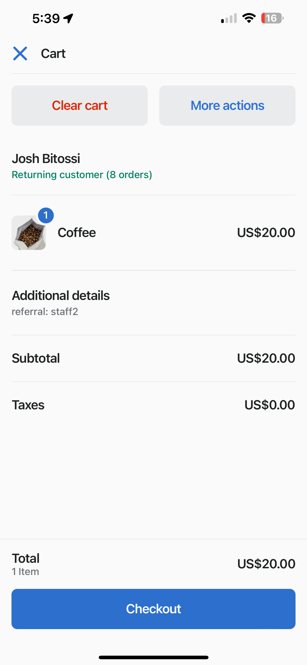 screenshot of pos cart on iphone with custom field applied